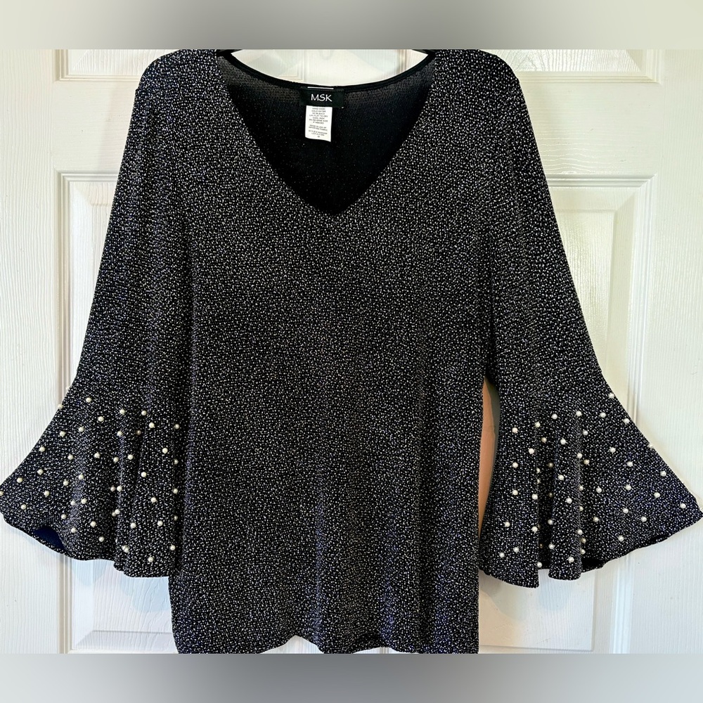 MSK Glitter Pearl Embellished Bell Sleeve Top Medium